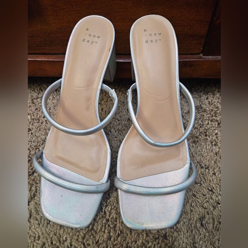 A New Day Metallic Silver Holographic Strappy Heels